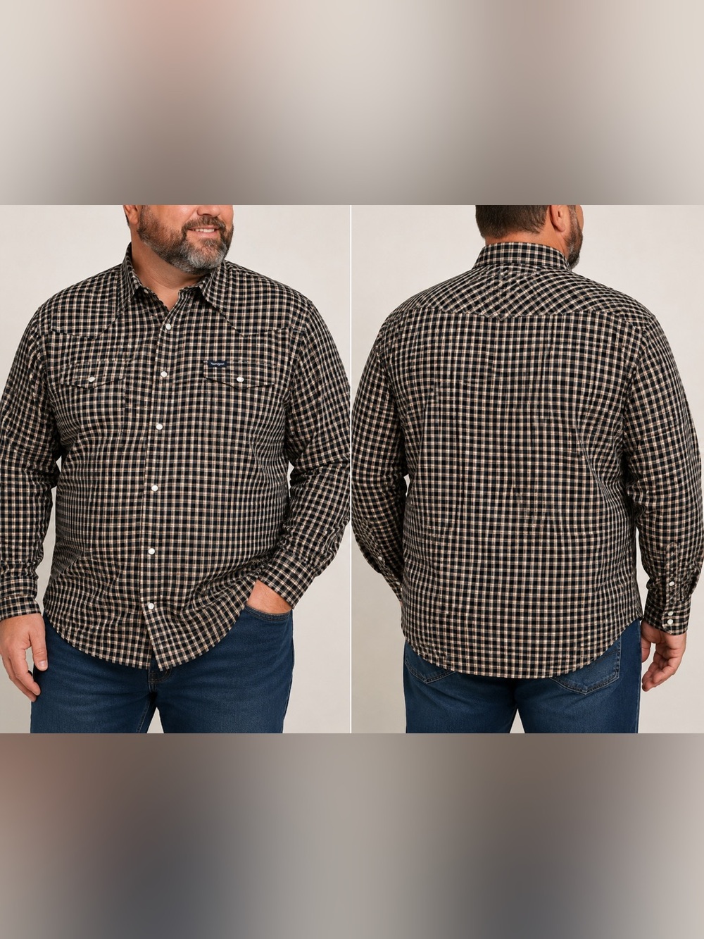 NWT—WRANGLER  Black/Tan/burgundy Plaid Long-Sleeve Button-Down Shirt- size XL
